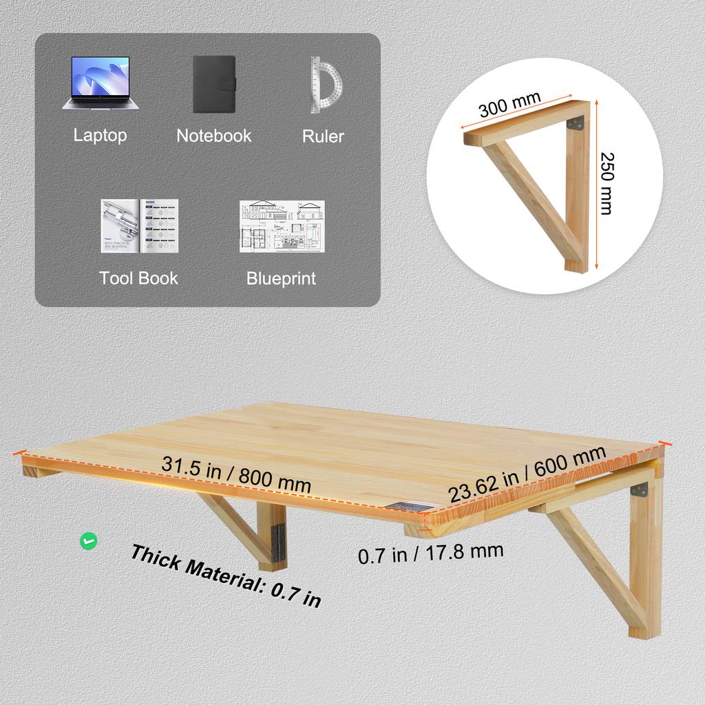 SucceBuy Wall Mounted Folding Table Wooden Floating Desk with Shelf Bracket Drop Leaf for Home Office Kitchen Bar Space-Saving