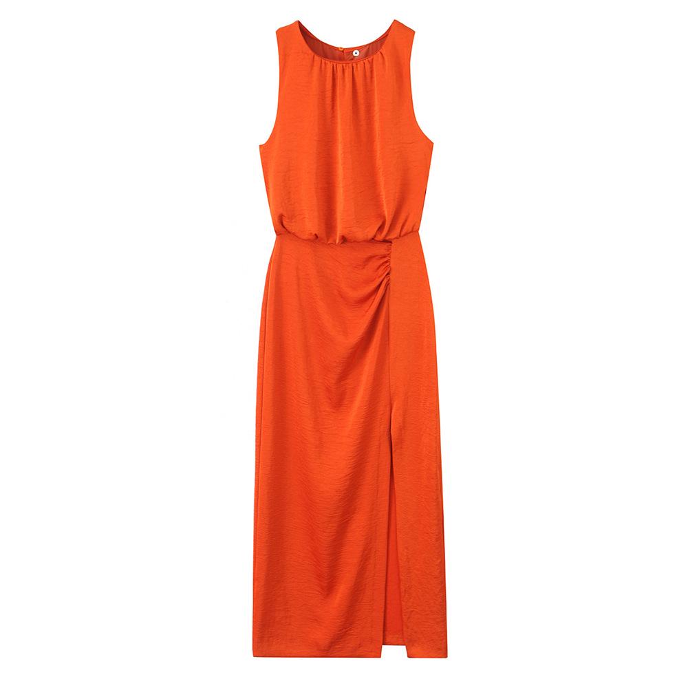 

2025 Spring Women s Slim Fit Sleeveless Pleated High Waist Dress XS оранжевый/красный
