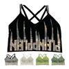 Women's Rhinestone Padded Sports Bra Seamless Cami Cropped Tank Top Crisscross Back Shiny Workout Bra