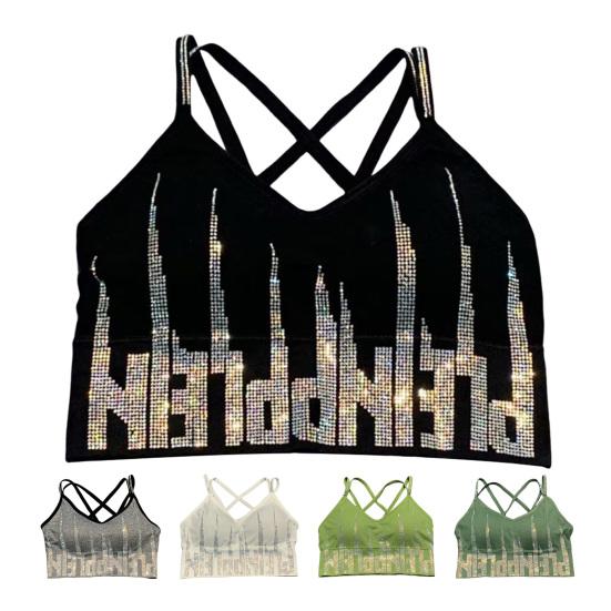 Women's Rhinestone Padded Sports Bra Seamless Cami Cropped Tank Top Crisscross Back Shiny Workout Bra