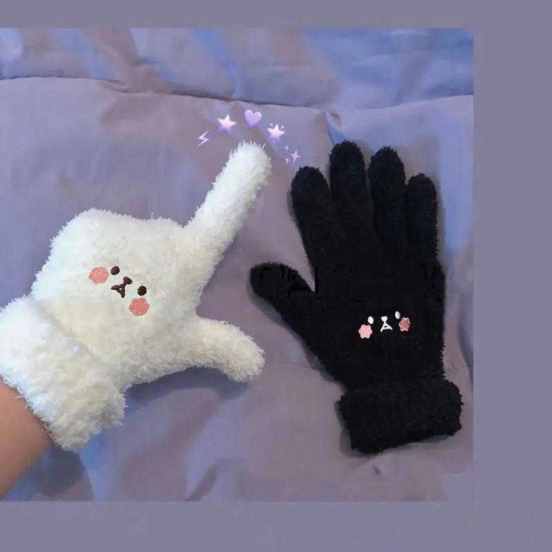 1-2pair Adorable Gloves Portable Winter Gloves Cute Soft Fluffy Plush Winter Gloves Cartoon Bear Winter Warm Full Finger Gloves