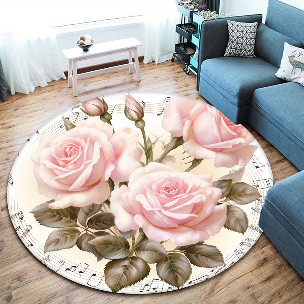 JIT 3D Rose Blume Runder Bereichsteppich - Weicher Polyester Handwaschbarer Teppich für Büro, Zimmer, Garten, Küche, Badezimmer - Elegant Mu