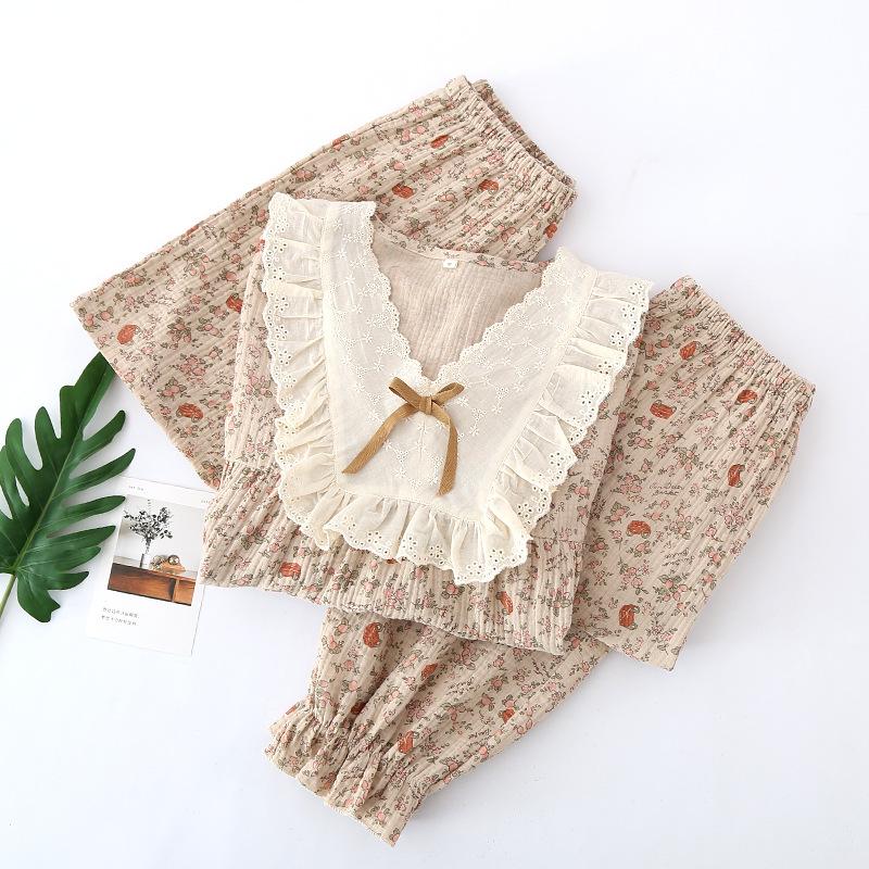 Ladies crepe cotton yarn summer and autumn short sleeves trousers shorts lace retro loungewear pajamas set three-piece set