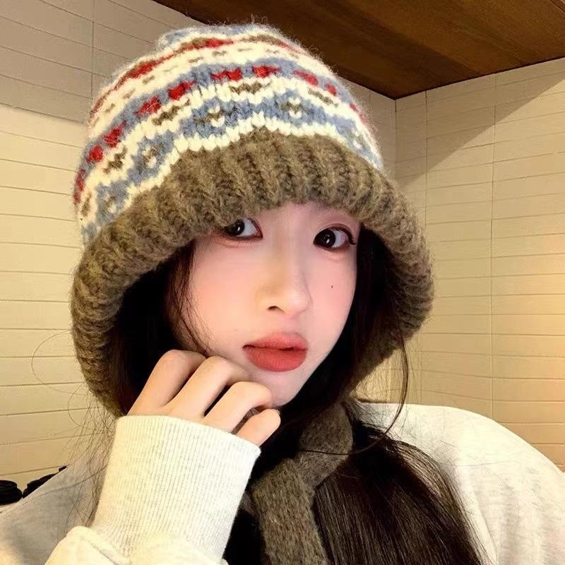 Fair Isle Style Knitted Hat For Women Retro Dual-Use Bag Hat Warm Wool Hat Earmuffs