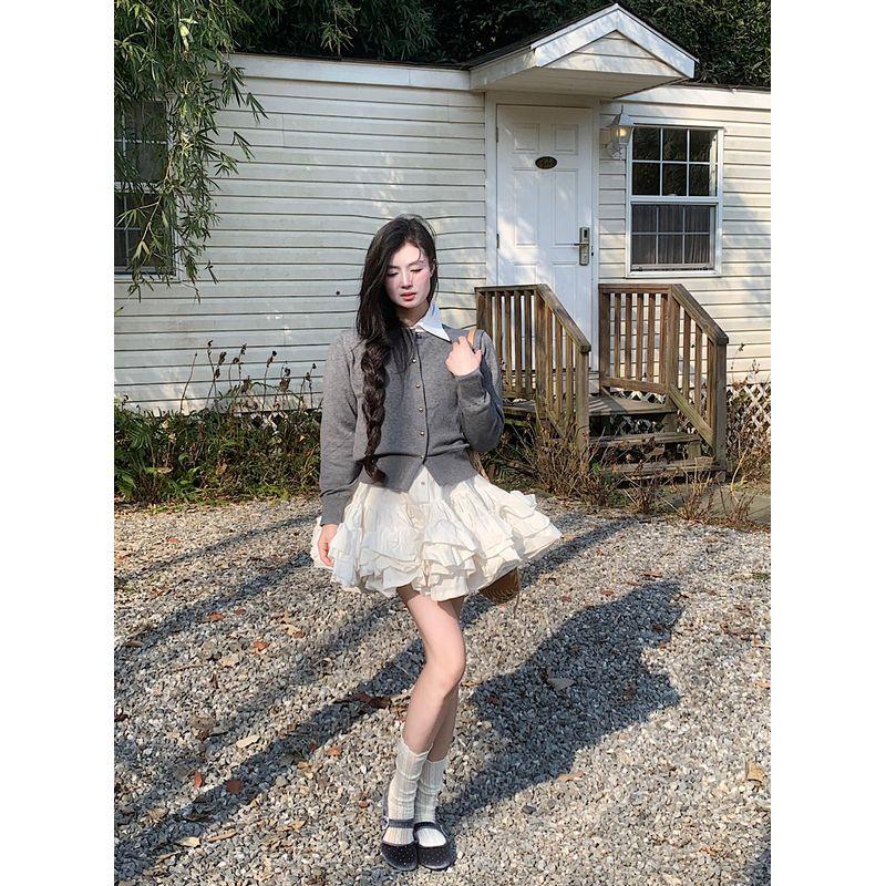 

Kumikumi Милый Стиль Комплект Серый Кардиган с длинным рукавом Верхняя одежда Женский Осенний Приталенный Рубашки Платье Костюм-двойка Grey gold button Cardigan One size