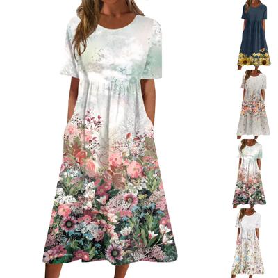 Damskie Casual Sukienki Sukienki z nadrukiem Letnie sukienki Z nadrukiem Plisowany Okrągły dekolt Midi Sukienki Podstawowy Klasyczny Na wolnym powietrzu Codzienny Krótki rękaw Luźne sukienki