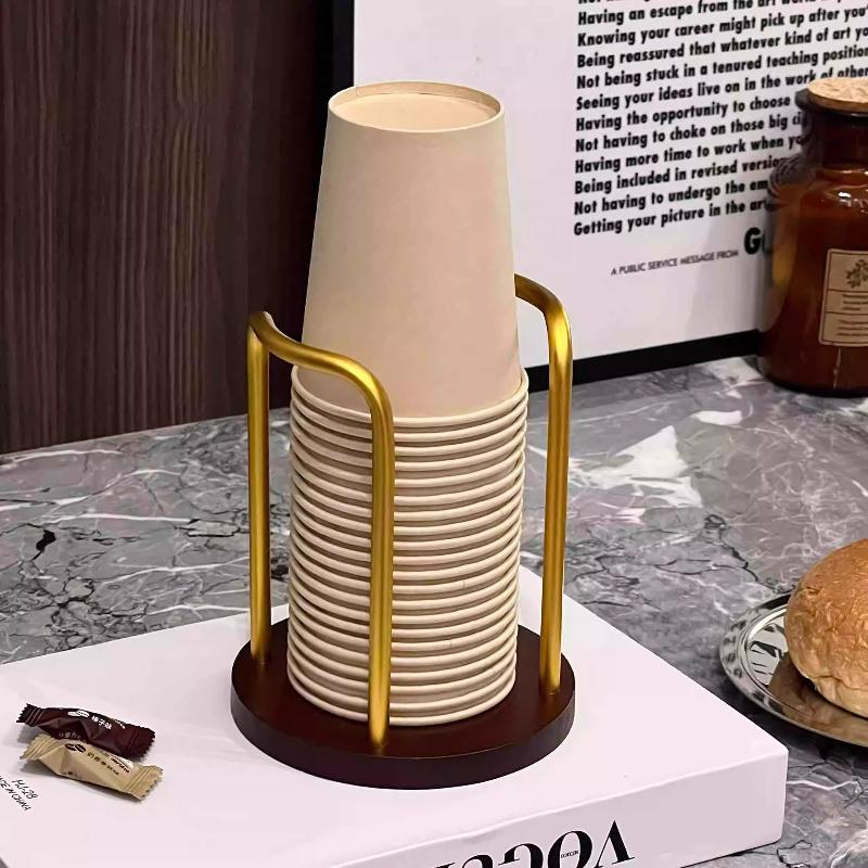 

Wooden Base Paper Cup Dispenser, Metal Frame Disposable Cup Holder for Countertop