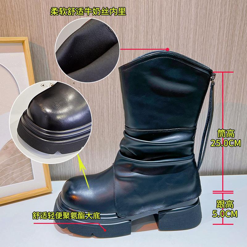 New Thick Heel Martin Boots Women's 2025 Autumn and Winter Casual Mid-tube Boots Women's Round Head Versatile Women's Boots Pleated Art Tide Boots