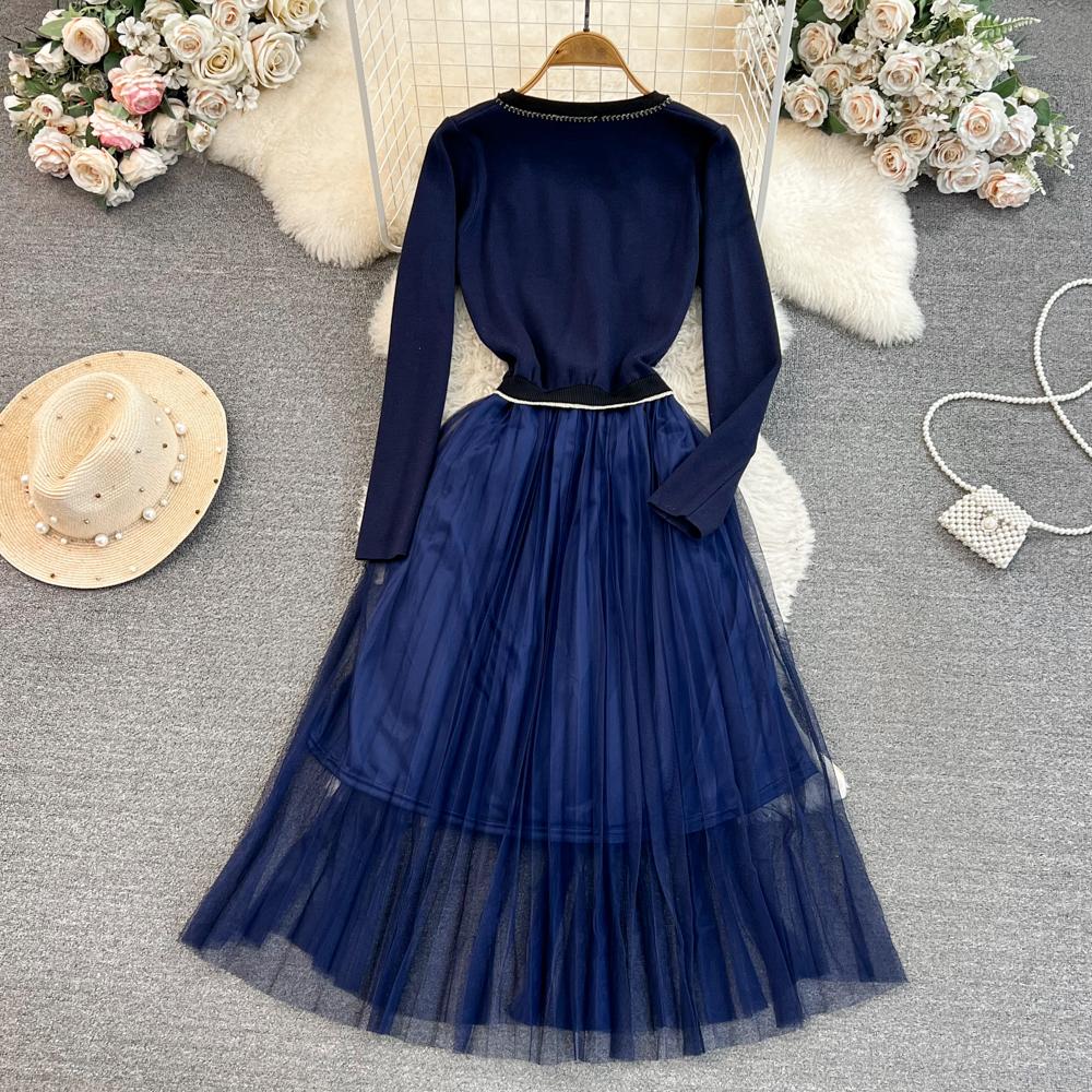 Høst Vinterklær Temperament Langermet Broderi Blomsterstrikket Mellomlang Kjole Uformell Spleising Mesh One Piece Dress
