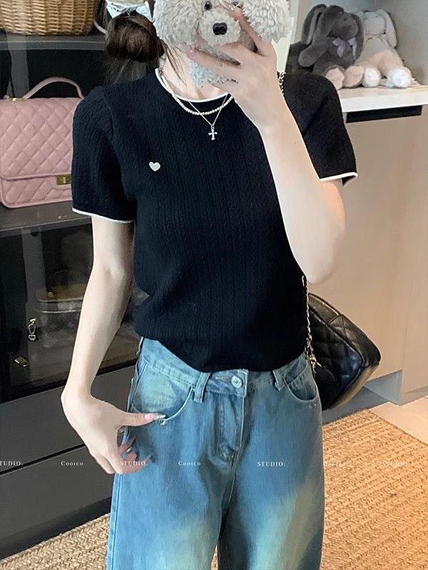 Chic Summer Heart Design Ice Silk Knitted T-shirt - Women's Short Sleeve Color Block Top