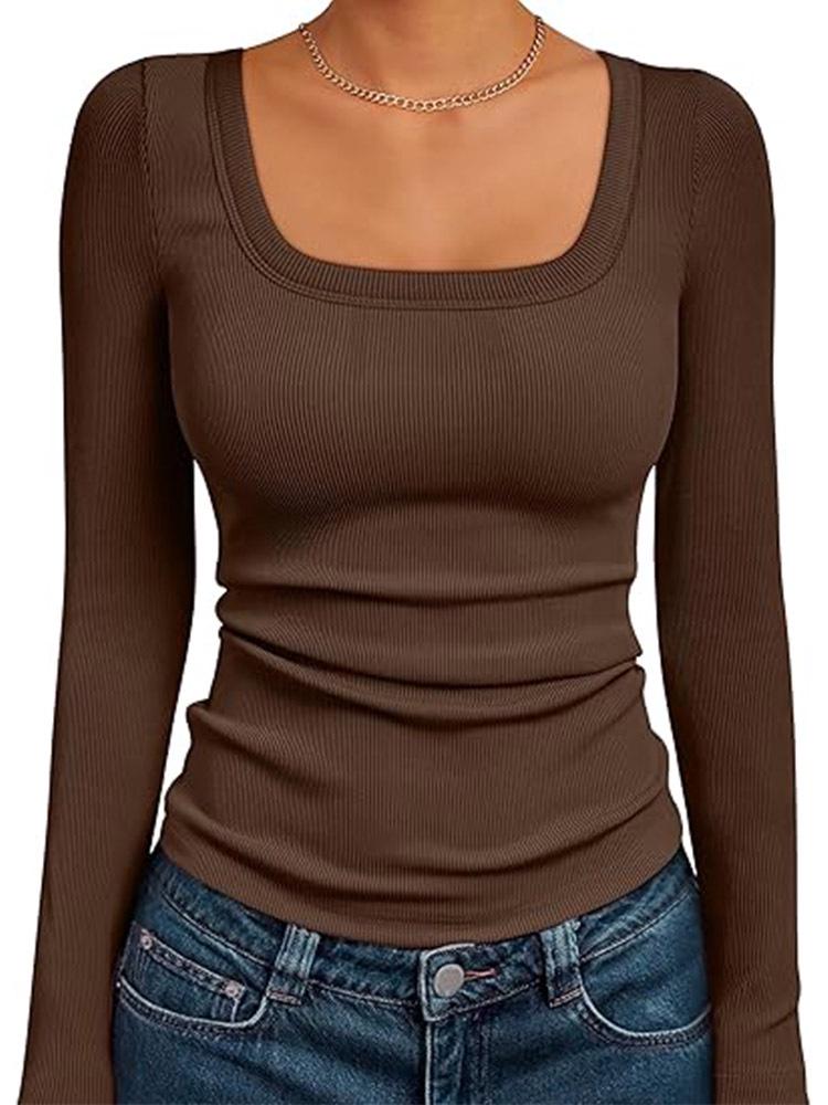 Crop Top da Donna a Maniche Lunghe a Coste con Scollo Quadrato - Stile Autunnale