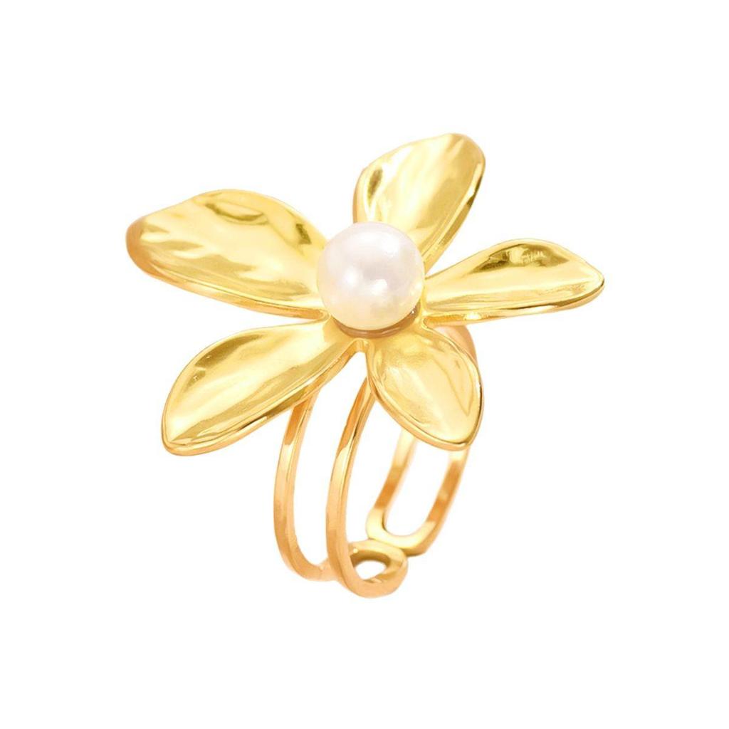 Elegant Flower Pearl Inlaid Ring - Open Stainless Steel, Gold Plated Women's Accessory