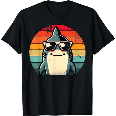 2024 Summer Tops Cool Retro Shark In Sunglasses 70s 80s 90s Funny Shark T-Shirt