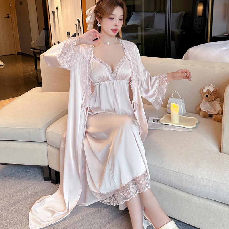 Women's Summer Two-piece Pajamas Sexy Pure Desire Ice Silk French Suspender Nightdress Long Nightgown Princess Style