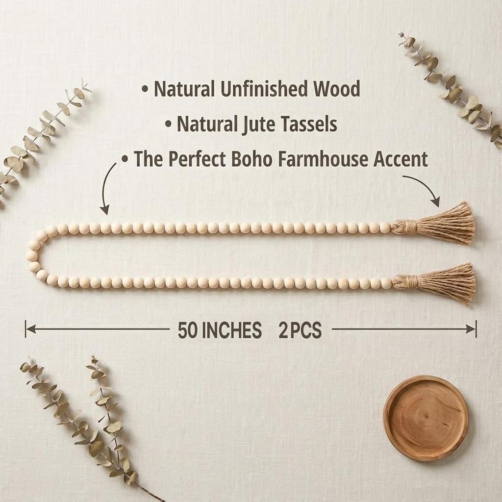 Wood Bead Garland with Tassels - 2PCS Farmhouse Rustic Country Decorative Beads Home Decor, Natural Color, 50inch 14mm 84 Round,Boho,Farmhouse Beads