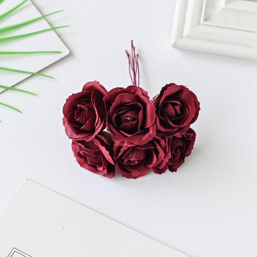 

6Pcs Artificial Silk Rose Bundle For Christmas Wedding Bridal Bouquet Decoration Home Ornamental Flowerpot Accessory Fake Flower красный