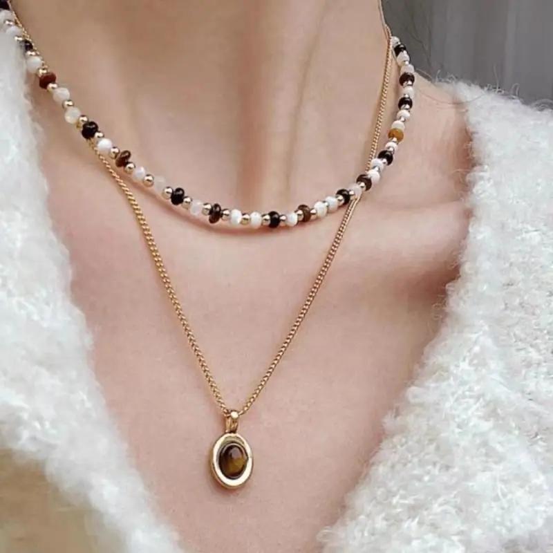 

New Trendy Natural Brown Stone Pearl Collar Chain Necklace for Women Punk Vintage Handmade Stylish Beads Jewelry Bijoux Gift