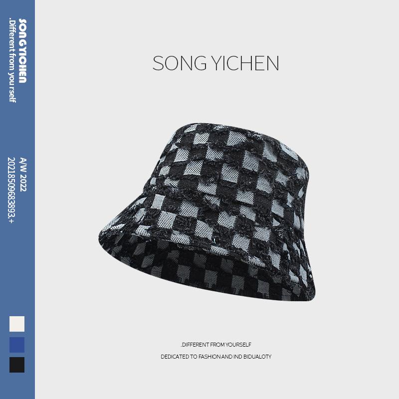 

Клетчатая джинсовая панама Spice girl женская весенне-осенняя для маленького лица, закрывающая обычное лицо, шляпа с чувством стиля, осенне-зимний тренд M（56-58cm） чёрный