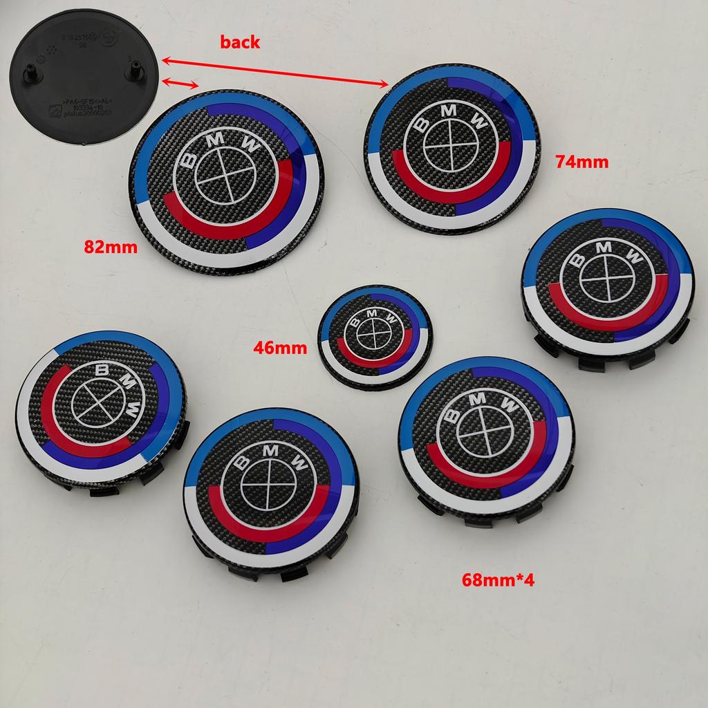 MLKQ6 Carbon Fiber Black Logo Front Hood Emblem 82mm+Rear Badge 74mm+Wheel Hub Cap 68mm/56mm+steering Wheel Sticker 45mm for All BMW