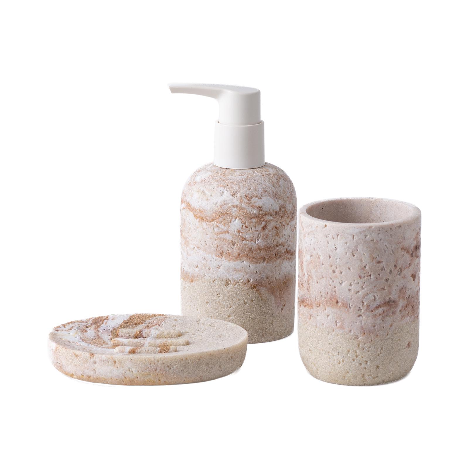Nordic Travertine Bathroom Set: Lotion Dispenser, Mouthwash Cup, and Soap Dish.