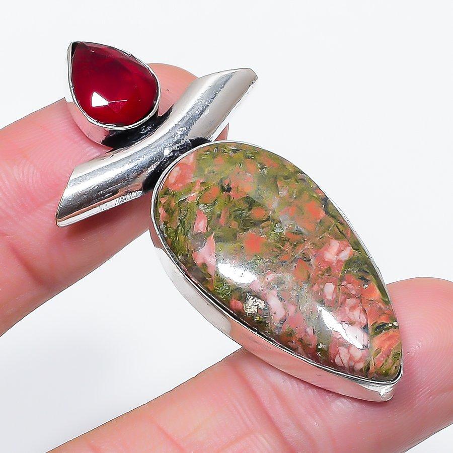 Natural Unakite, Garnet Gemstone 925 Sterling Silver Jewelry Pendant 2.09" H7b72