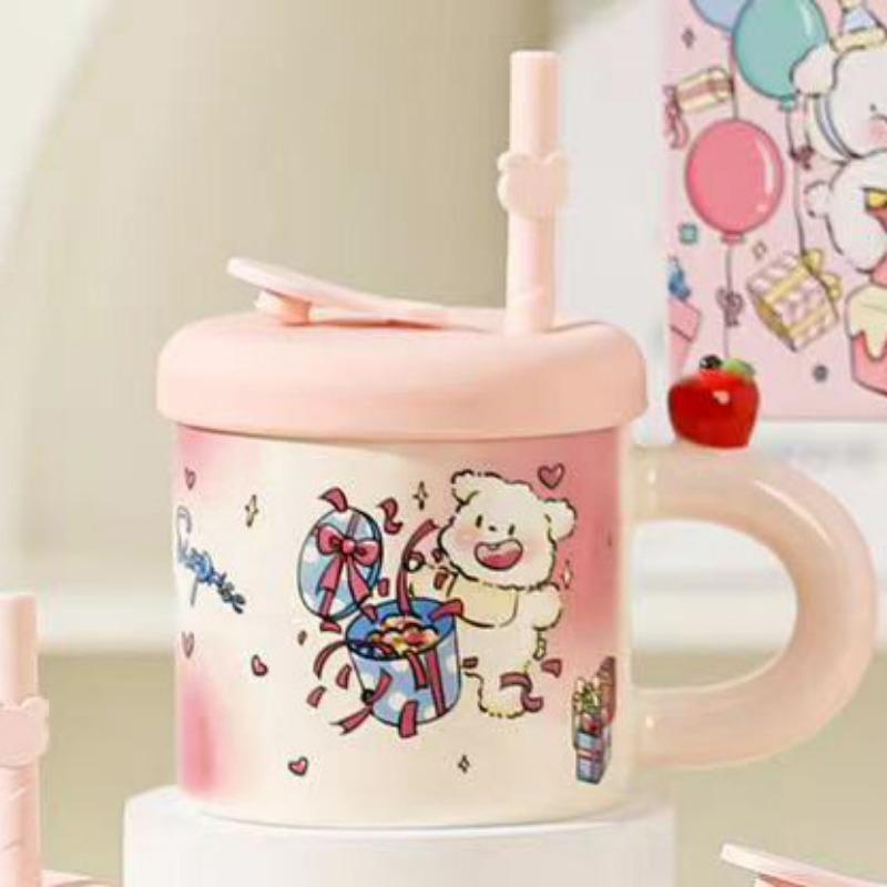 Summer Straw Cup Cute Cat Mug Water Cup with Lid Ceramic Cup Girl Couple Birthday Gift Souvenir