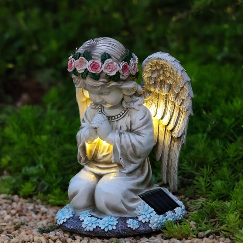 Figurka Anioła Modlącego LED Lampa Solarna do Dekoracji Ogrodu i Podwórka Wodoodporna Statua Ornament Nagrobny Cmentarny