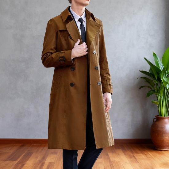 Pánský větruodolný kabát s klopami, dlouhým rukávem, dvouřadým zapínáním, střední délky, jednobarevný, ležérní, businessový svrchní oděv