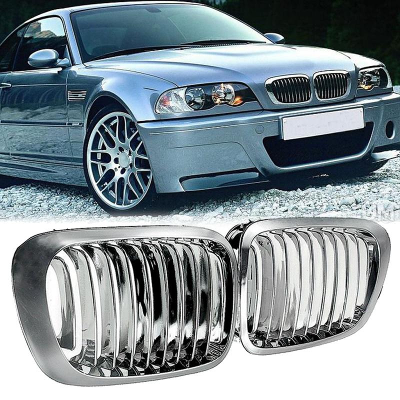 2 Pieces Silver Front Hood Grill Chrome Grille Mesh for BMW E46 M3 3 Series,Car Gloss Black Front Bumper Double Slat Line Grille