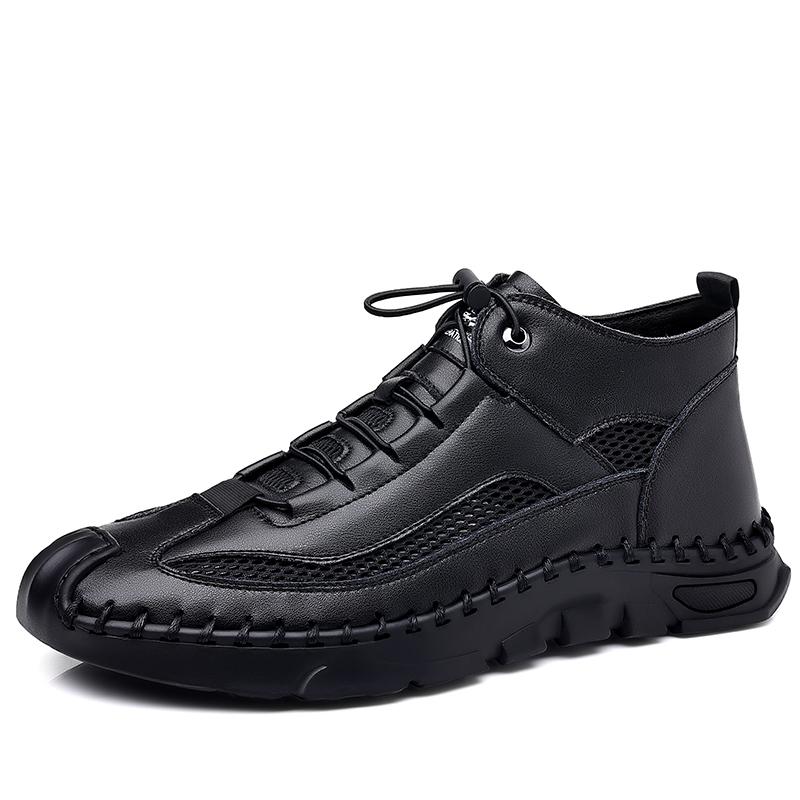 High Top Shoes Men's Thick Soled Casual Shoes Breathable Hollow Mesh Shoes Handmade Soft Soled Men's Genuine Leather Shoes