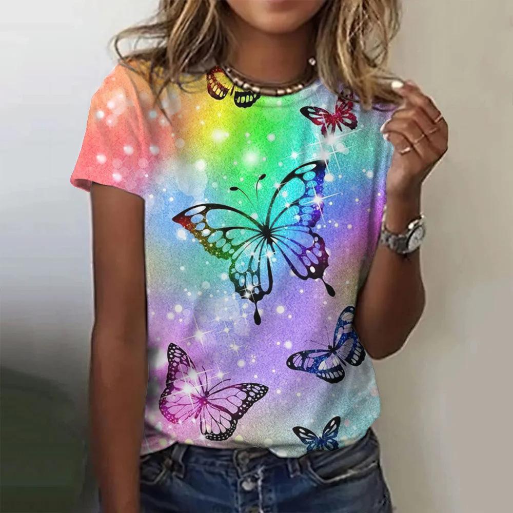 Butterfly and Flower Pattern 3D Digital Printing Women's Fashion Round Neck Short Sleeve T-shirt