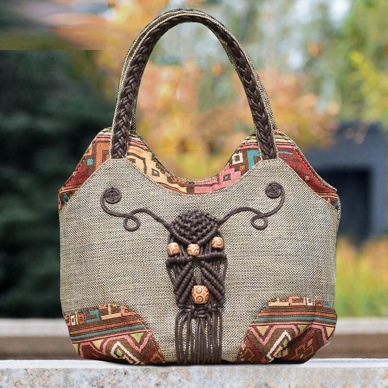 Bohemian Style Handmade Braided Pattern Thick Tote Bag Lightweight Zippered Casual Women Handbag Design With Floral Embroidery And Tassel Accents