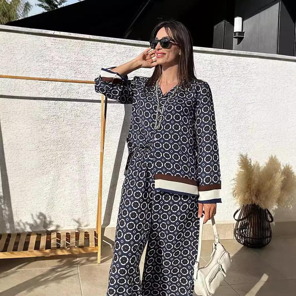 New European-American Fashion: Printed Long Sleeve Shirt & High Waist Pants Two-Piece Set for Women
