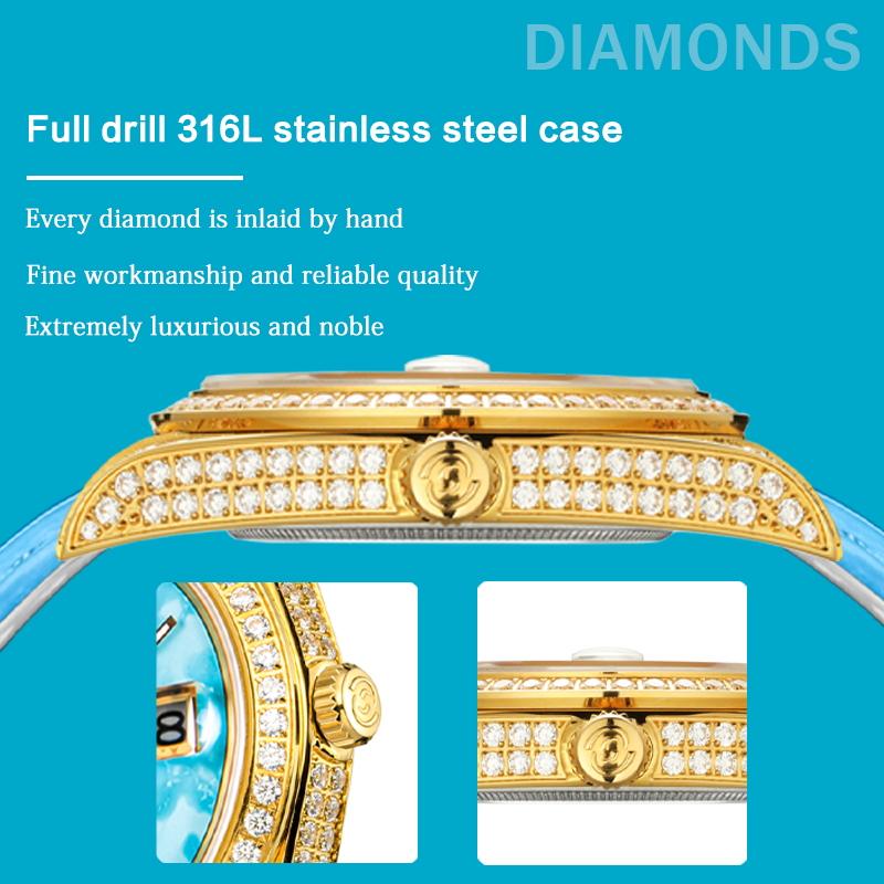 START-Turquoise Men's Watch Diamond Watch Week Function Automatic Mechanical Watch Butterfly Buckle Alligator Leather Strap