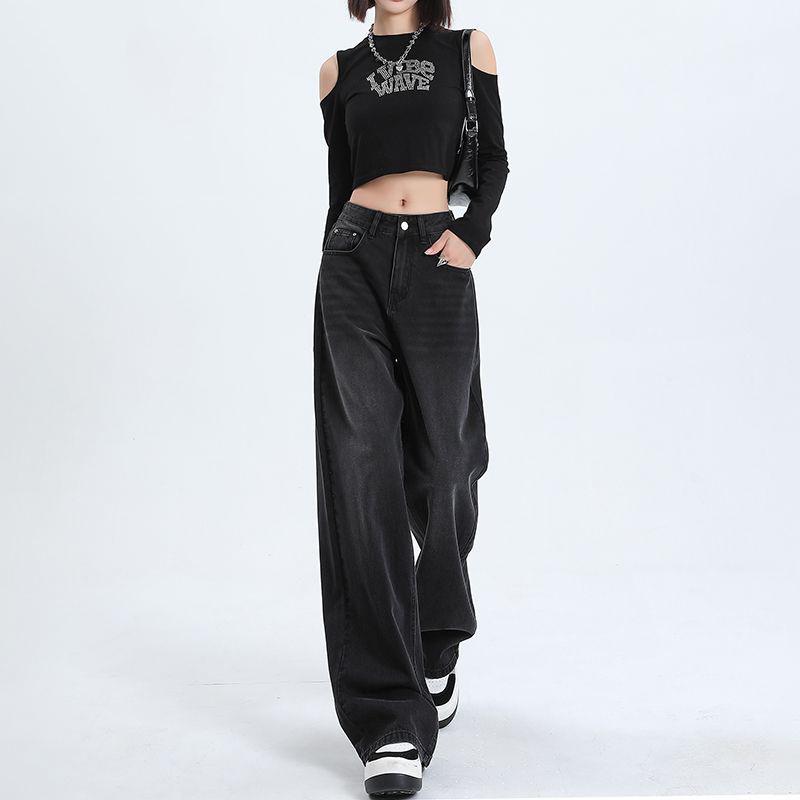 

Women s Black-Grey High-Waisted Wide-Leg Jeans - Straight, Loose Fit, Drapey, Slimming, Floor-Length, 2025 Spring/Summer Style 2XL