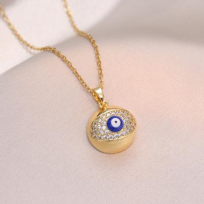 Punk Creative Zircon Blue Evil Eye Round Pendant Necklaces for Women Men Fashion Stainless Steel Chain Jewelry Accessories Gifts
