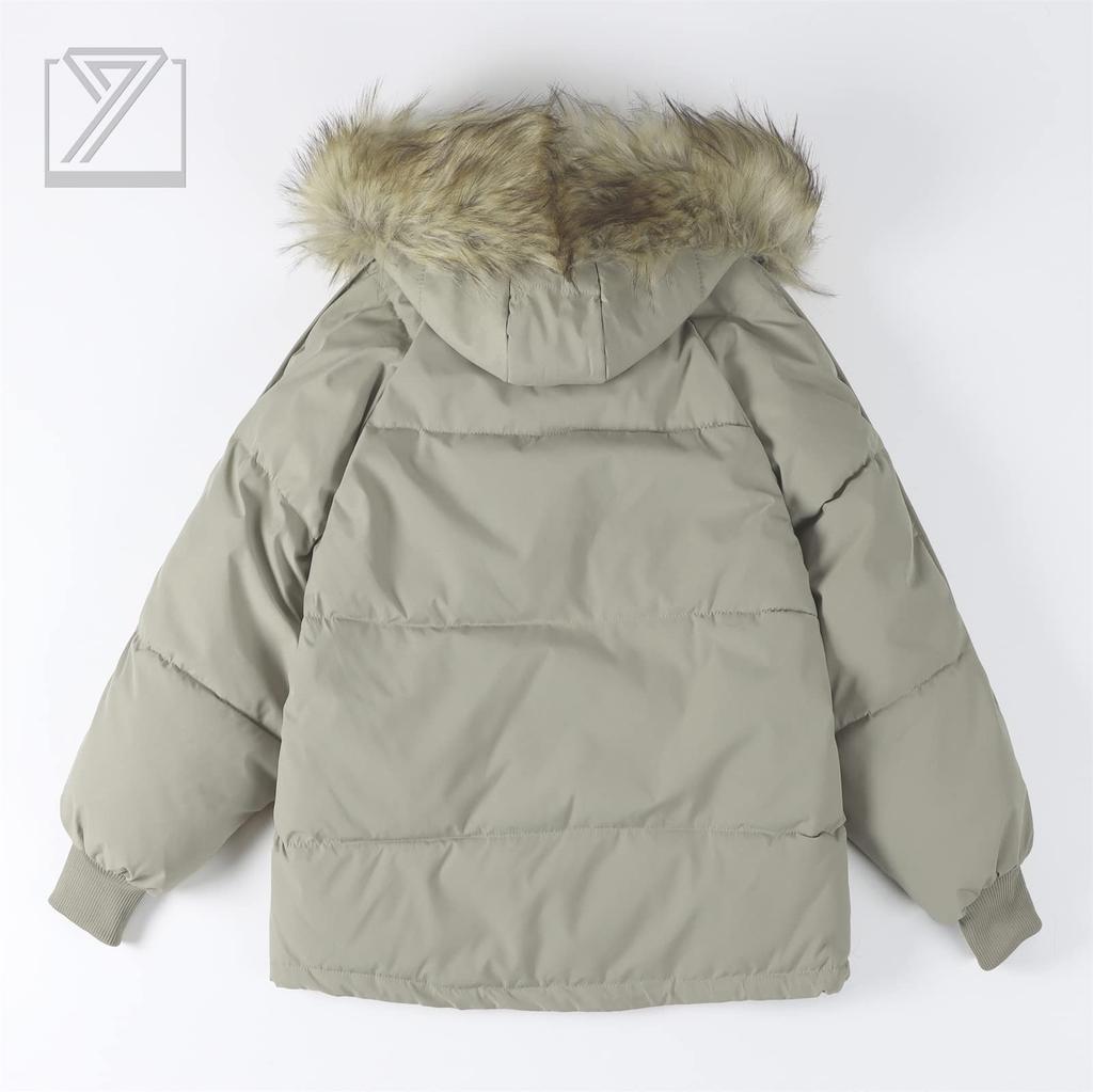 eleitchtee LHT Down Padded Winter Jacket with Fur Loose Thick Women's Coat, Outerwear, Jacket, Short, Hood, Pockets, Fit, Casual, (Size S, Green)