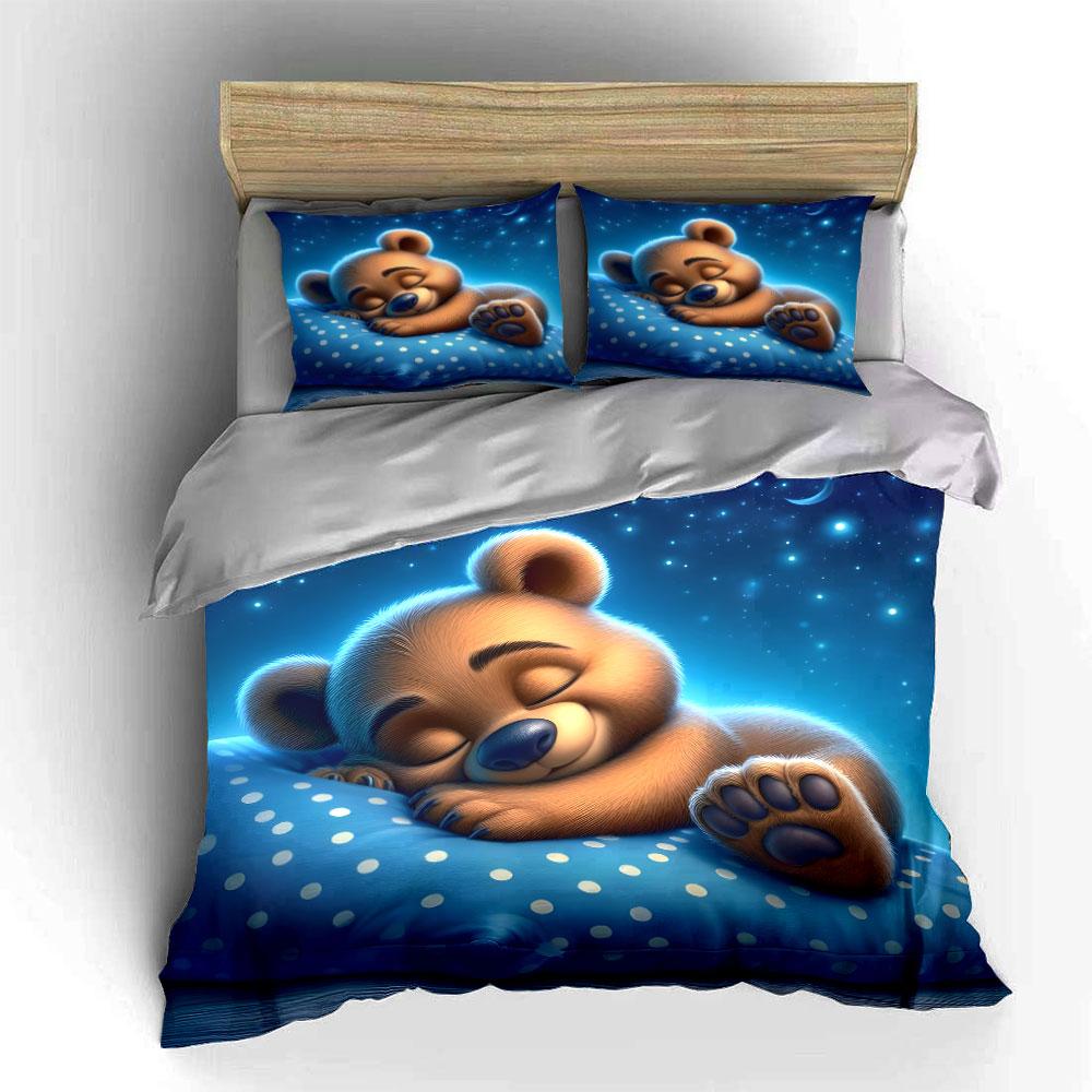 Sleeping Bear Under Dreamy Night Sky Print Bedding Set 1 Duvet Cover 2 Pillowcases for Adult and Children Luxury Gift Full Size