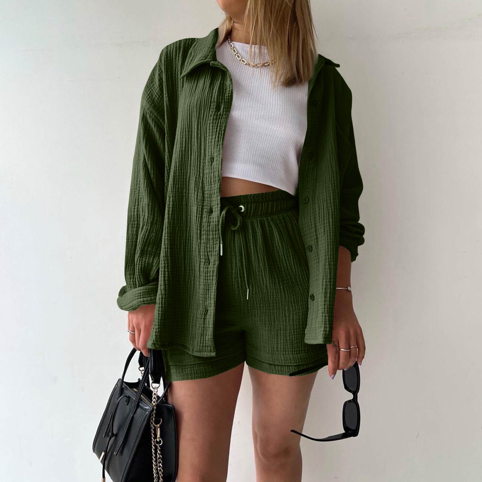Two Piece Women s Summer Muslin Blouse Shirt And Shorts Clothes Two Piece Set Beach Outfit Set Two Piece Set Women L