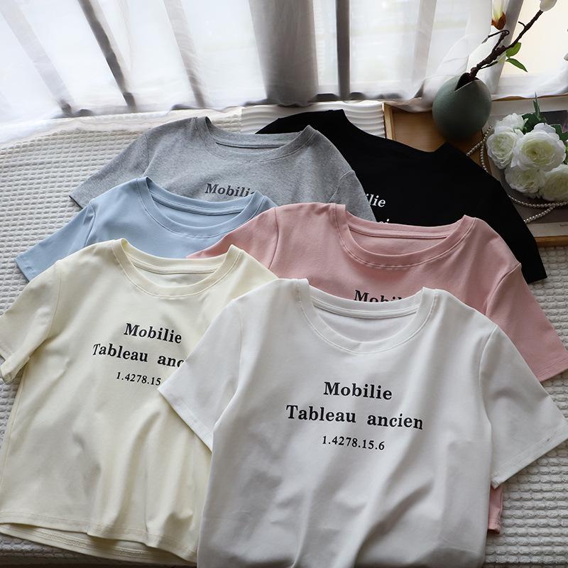 

2025 Summer Women s Slimming Korean Style Letter Print Round Neck Tee One Size хизер серый