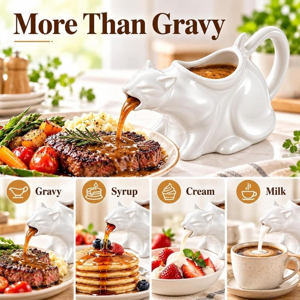 Curved Tail Handle Ceramic Cat Gravy Pitcher Animal Sculpture Cat Milk Jug Figurine Kitchen