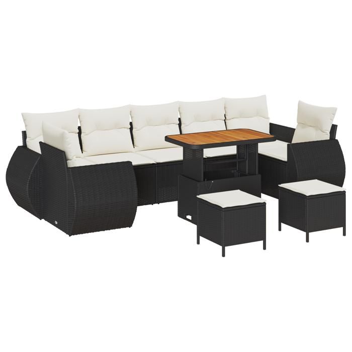 Ensemble de canapé jardin 10 pièces avec coussins en poly rotin noir acacia, Ensemble repas jardin 3 pièces avec coussins 3361860