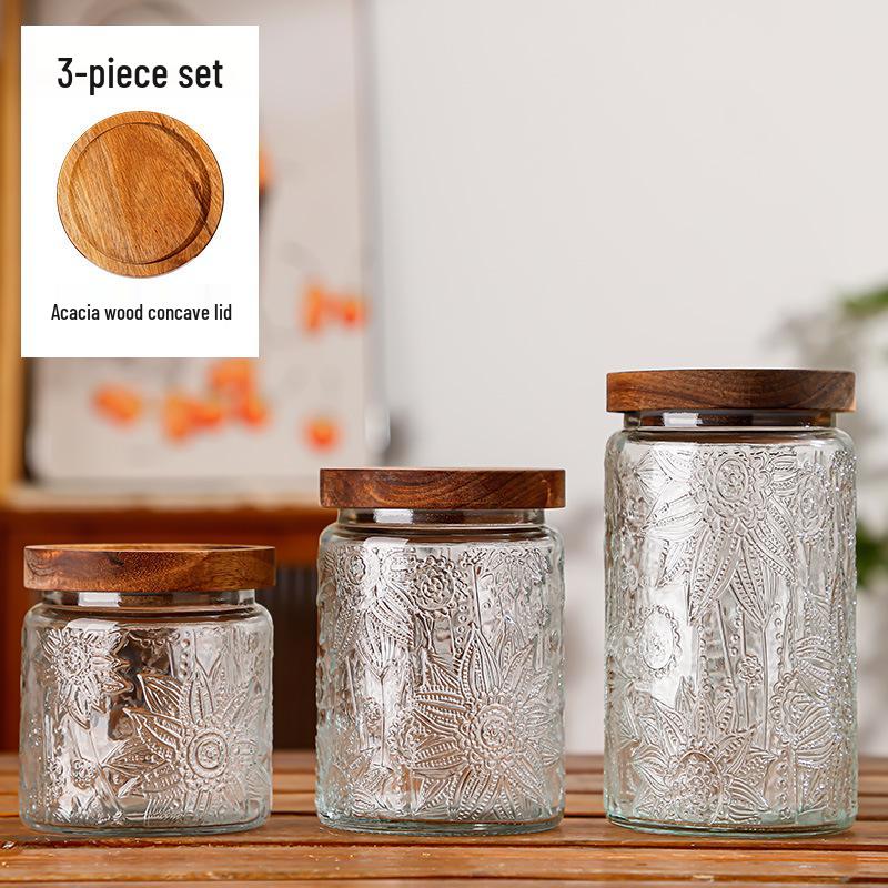 Retro Carved Storage Jar with Acacia Wood Lid for Grains, Dried Fruits, and Snacks