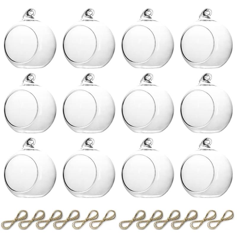 Round Hollow Glass Hanging Stand Candle Holder with LED Candle 6/8cm Candle Candlestick for Wedding Party Tree Garden Decoration