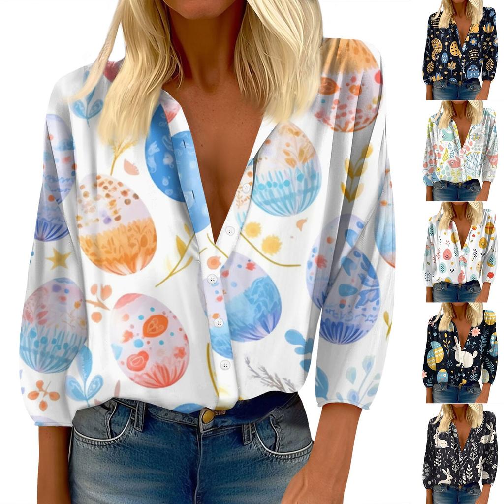 Women's Shirt Button Casual Easter Print Fashion Round Neck Drop Shoulder Seven Sleeve Shirt Top