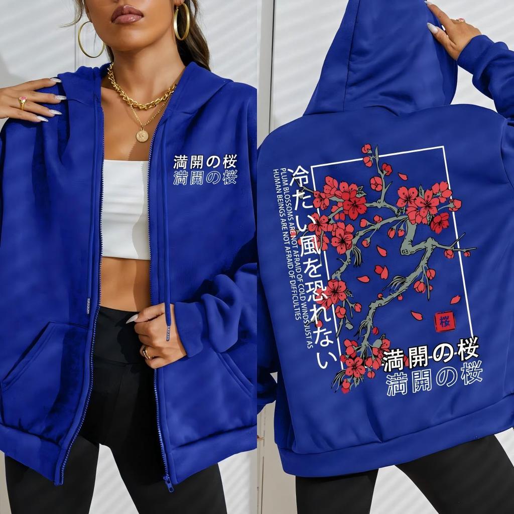 Japan Tokyo Beautiful Cherry Blossom Creative Letter Prints Zipper Hoodies Women Autumn Streetwear Fleece Hoody
