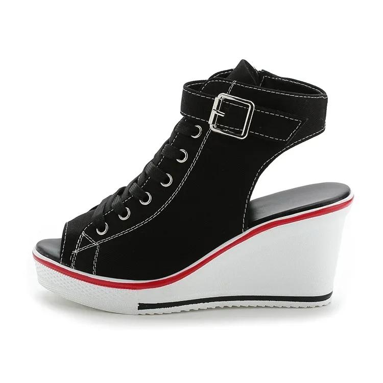 Fashion New Spring Summer Women's High Wedge Canvas Fish Mouth Shoes Korean Version of The Slope Open Toe Hollow Lace Up Canvas Shoes