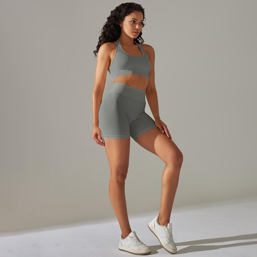Seamless Knitted Back High Elasticity Sports Bra Yoga Set Running Fitness Shorts Two Piece Set For Women
