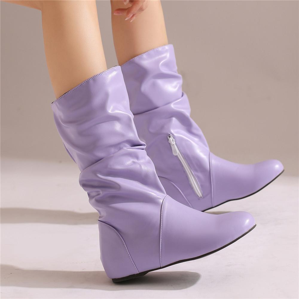 Fashion Mid-Calf Boots Women PU Pleated Boots Female Round Toe Shoes Concise Height Increasing Flat Shoes Autumn Winter 2025 Size34-48