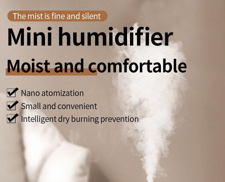Mini umidificator USB pentru uz casnic pentru a crește umiditatea aerului și a ameliora uscăciunea pielii, lumină de noapte mută, portabil, desktop mic